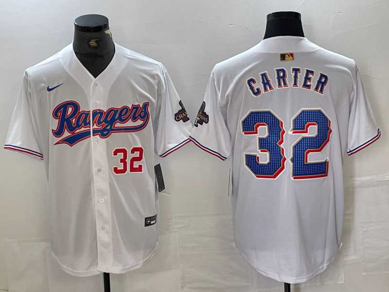 Men%27s Texas Rangers #32 Evan Carter Number White 2023 World Series Champions Cool Base Jersey